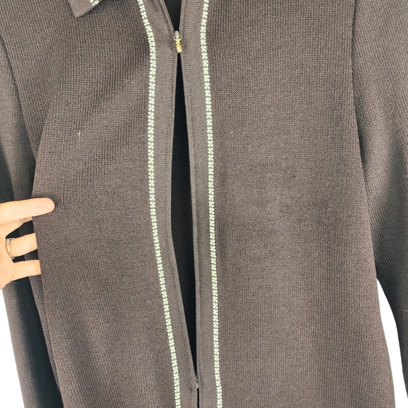 flawed ST. JOHN Marie Gray Womens 10 Zip Up Knit Stitched Collared Sweater Brown - Picture 3 of 7